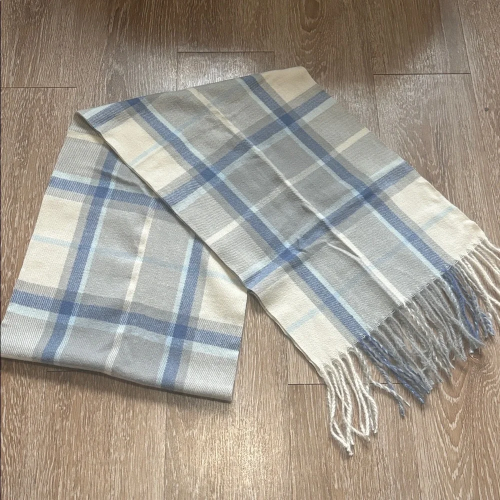 Cream/Gray/Blue Plaid Acrylic Knit Scarf 12”x72”